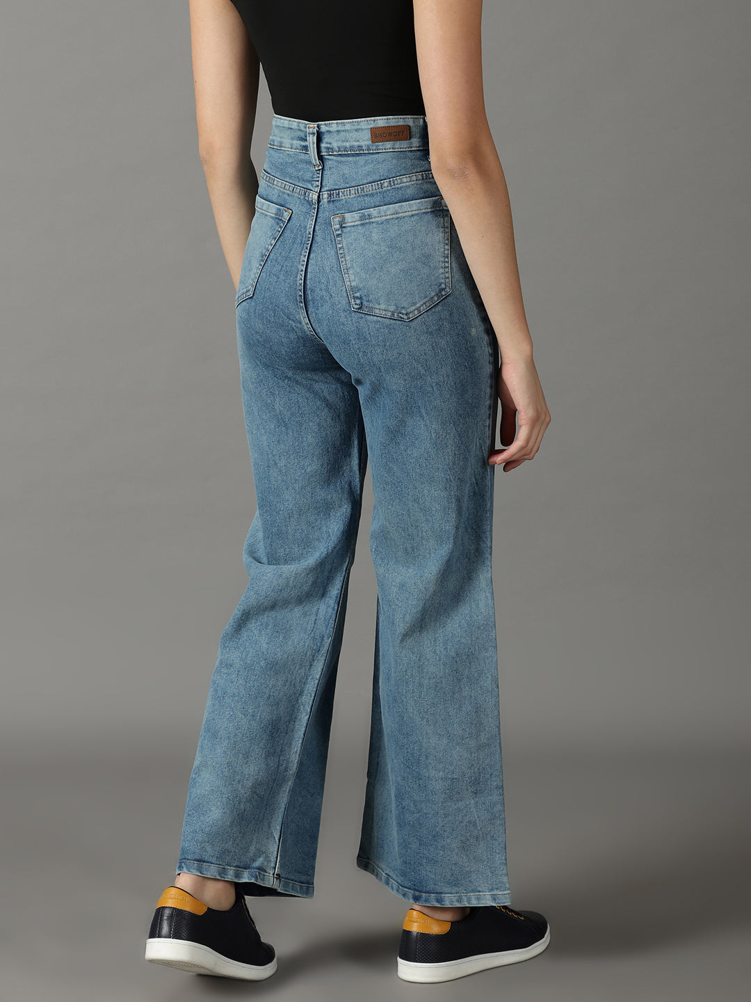 Women's Blue Solid Wide Leg Denim Jeans