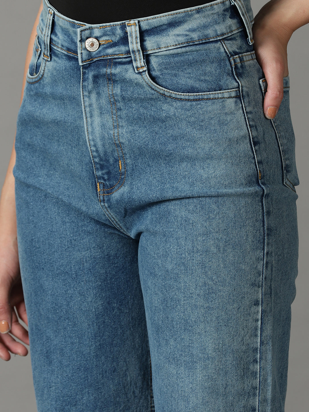 Women's Blue Solid Wide Leg Denim Jeans