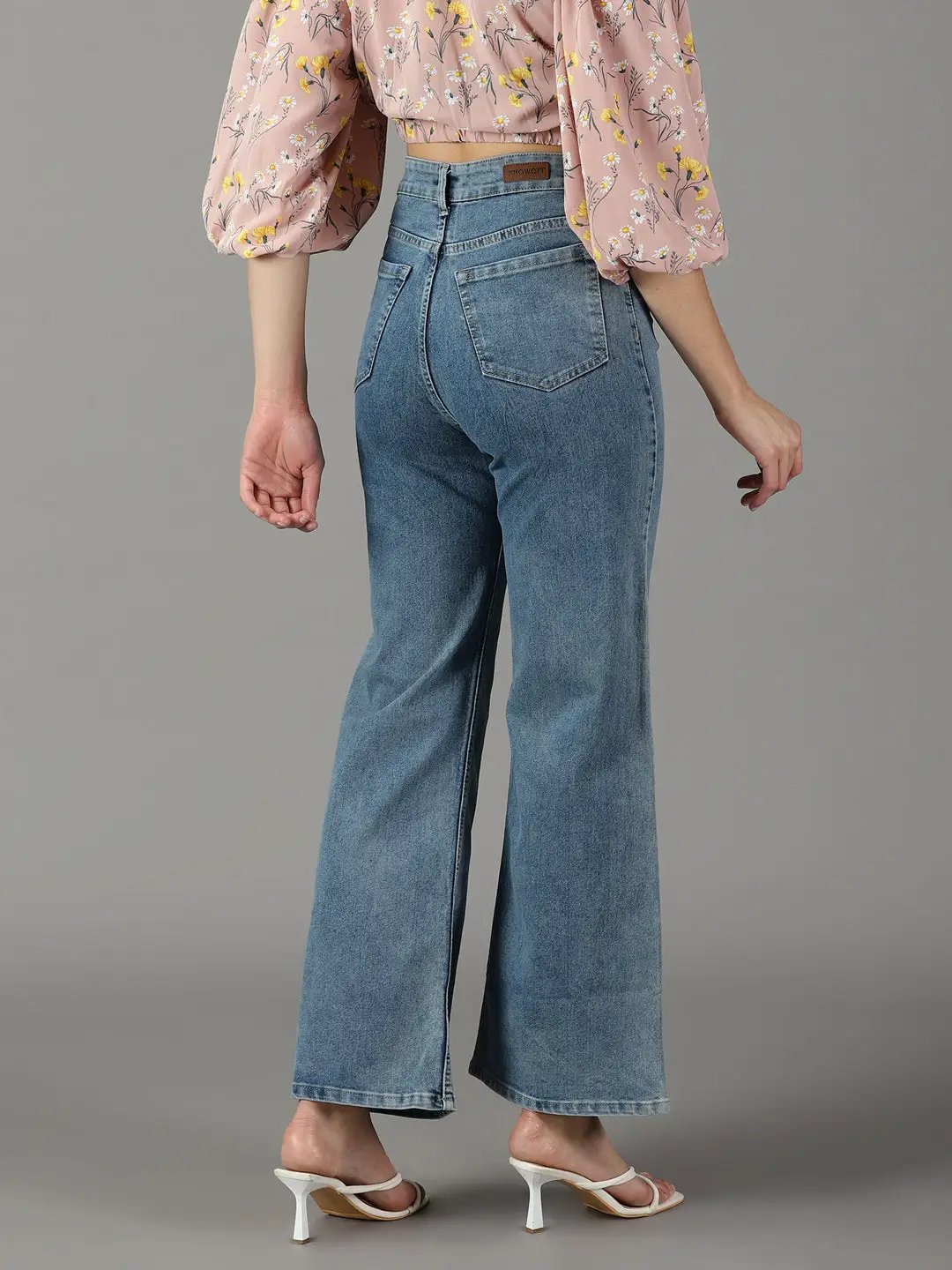 Women's Blue Mildly Distressed Light Fade Wide Leg High-Rise Stretchable Cotton Jeans