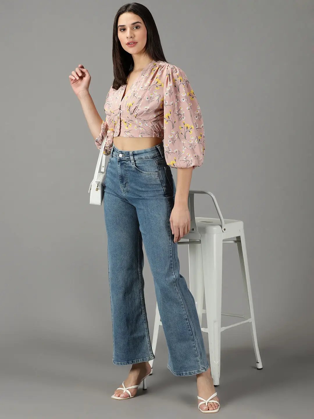 Women's Blue Mildly Distressed Light Fade Wide Leg High-Rise Stretchable Cotton Jeans
