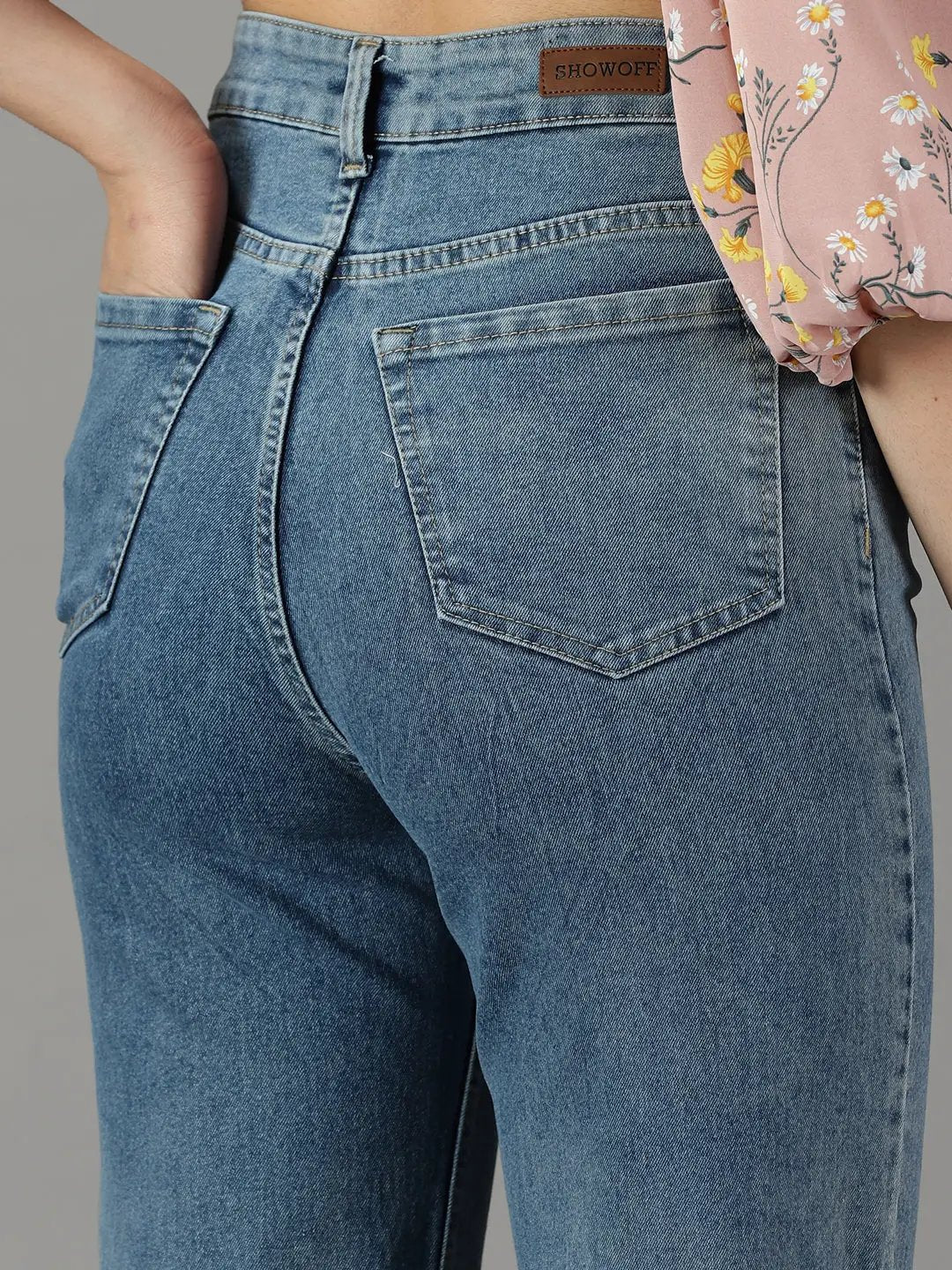 Women's Blue Mildly Distressed Light Fade Wide Leg High-Rise Stretchable Cotton Jeans