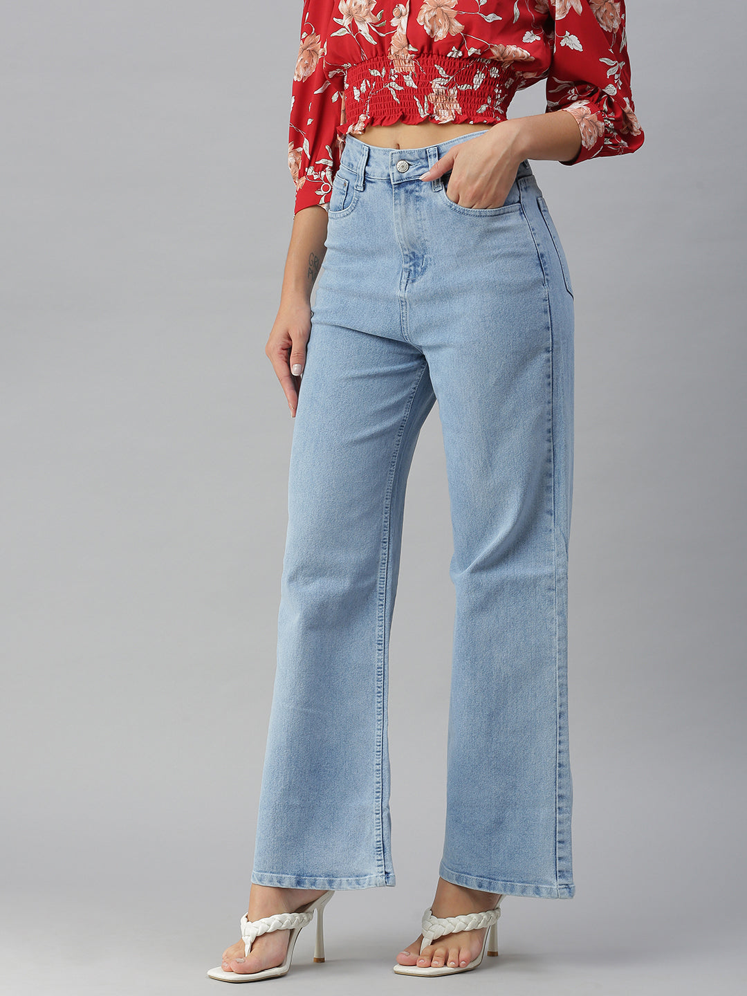 Women's Blue Solid Wide Leg Denim Jeans