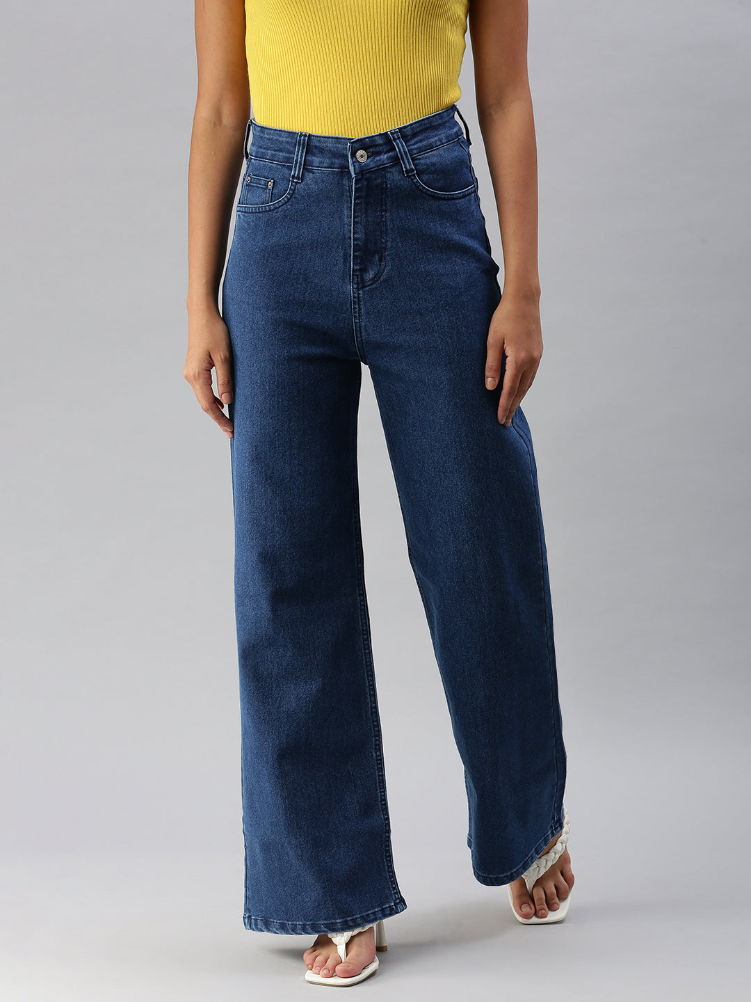 Women's Blue Solid Wide Leg Denim Jeans