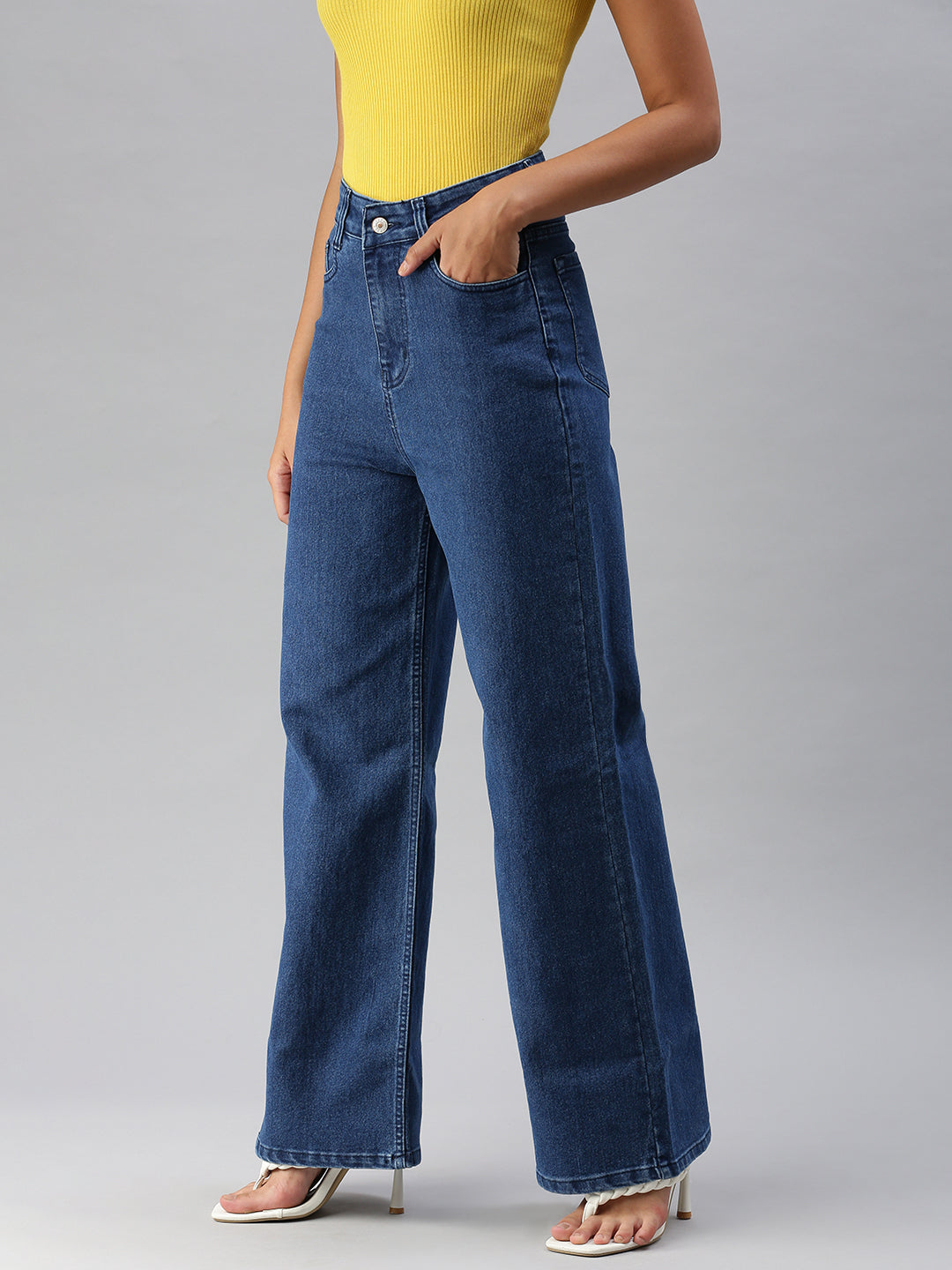 Women's Blue Solid Wide Leg Denim Jeans