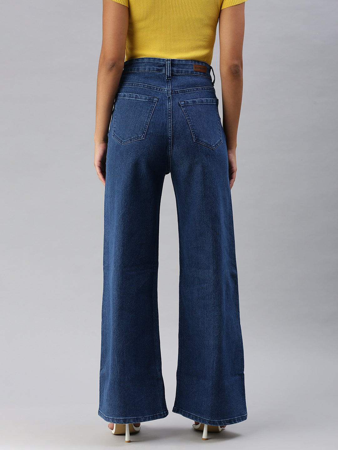 Women's Blue Solid Wide Leg Denim Jeans