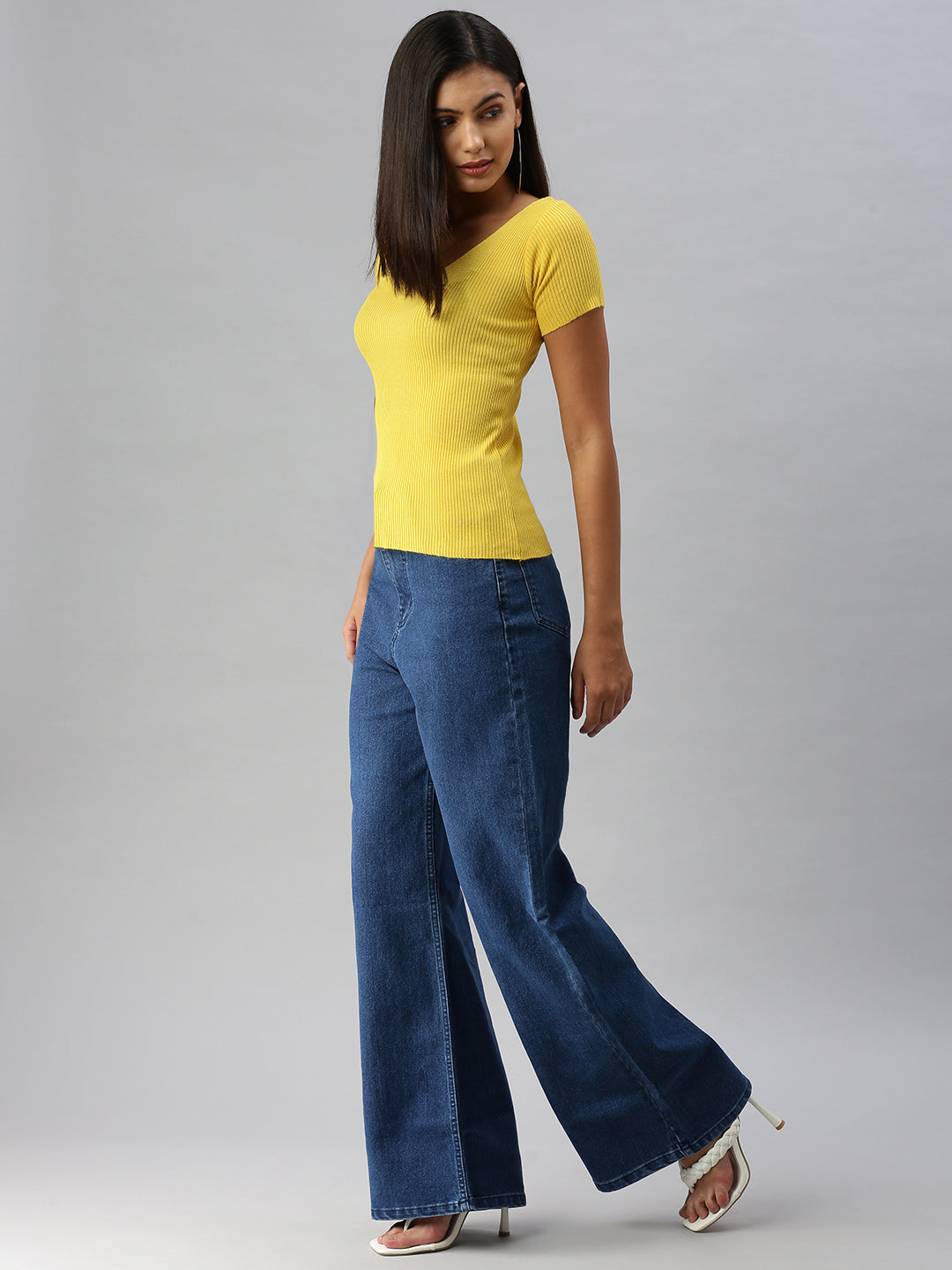 Women's Blue Solid Wide Leg Denim Jeans