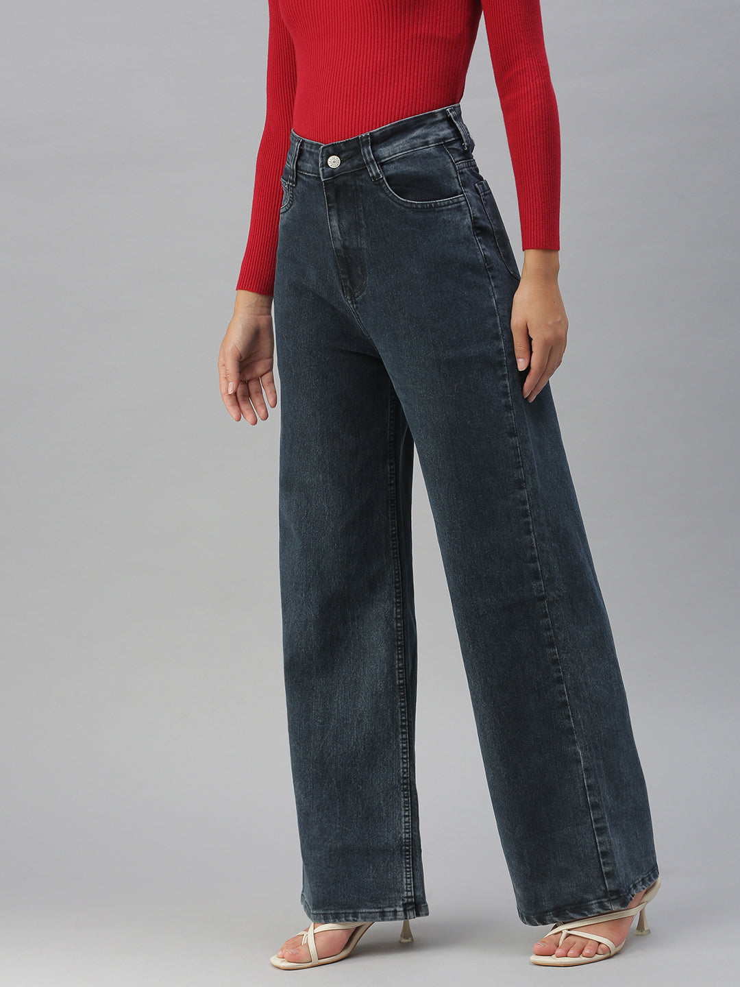 Women's Dark Grey Wide Leg High-Rise Stretchable Denim Jeans