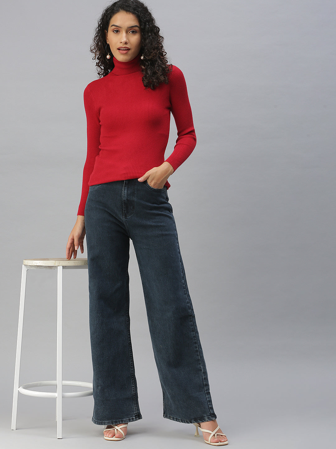 Women's Dark Grey Wide Leg High-Rise Stretchable Denim Jeans