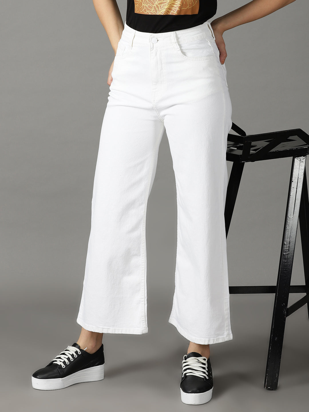 Women's White Solid Wide Leg Denim Jeans