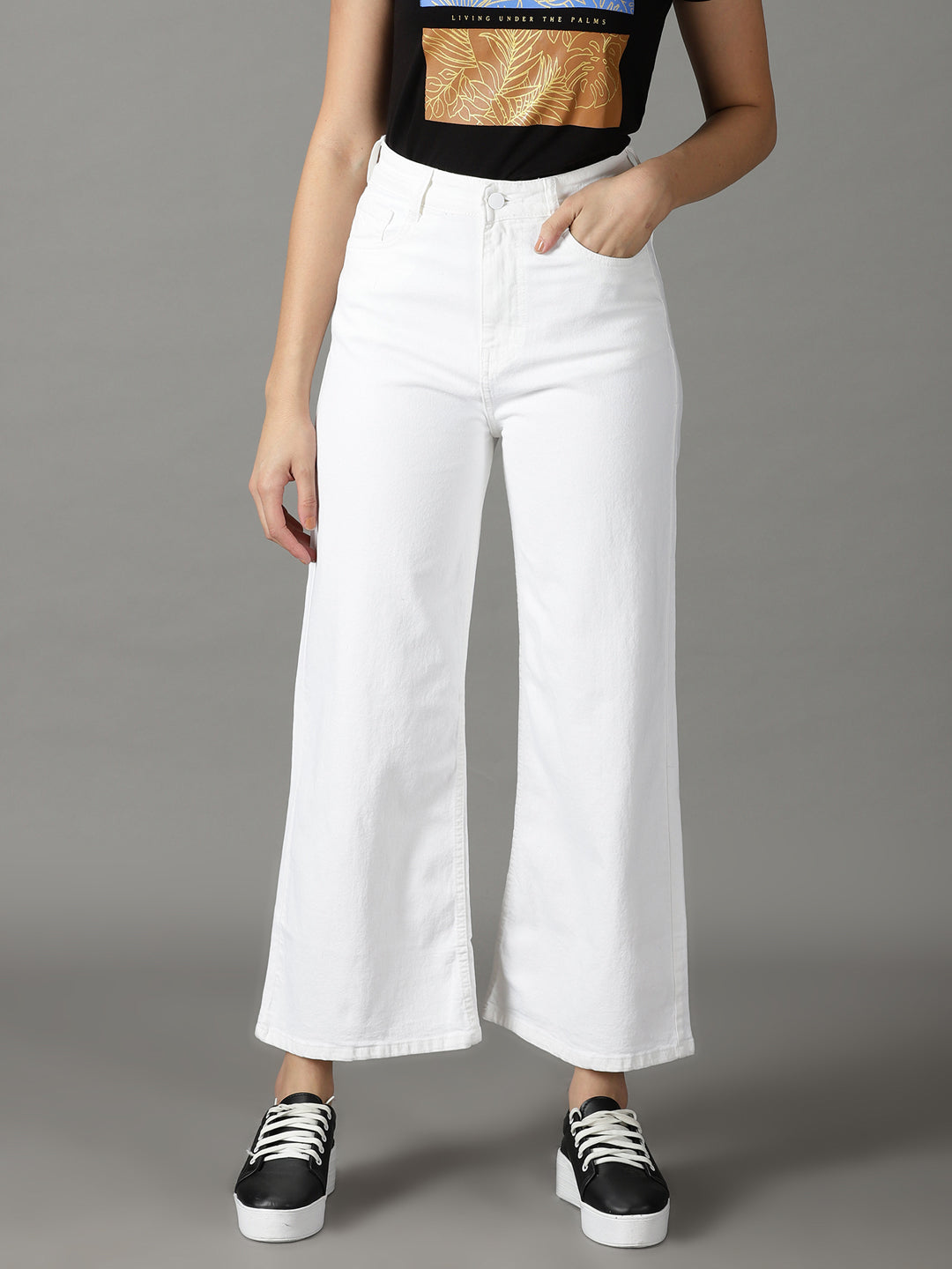 Women's White Solid Wide Leg Denim Jeans