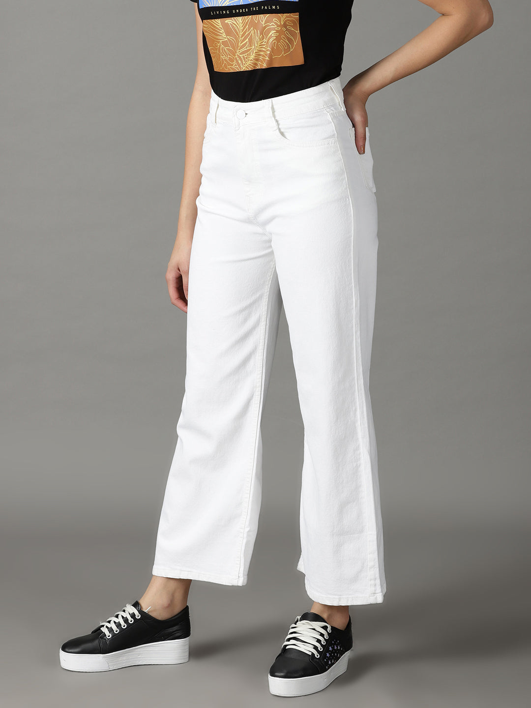 Women's White Solid Wide Leg Denim Jeans