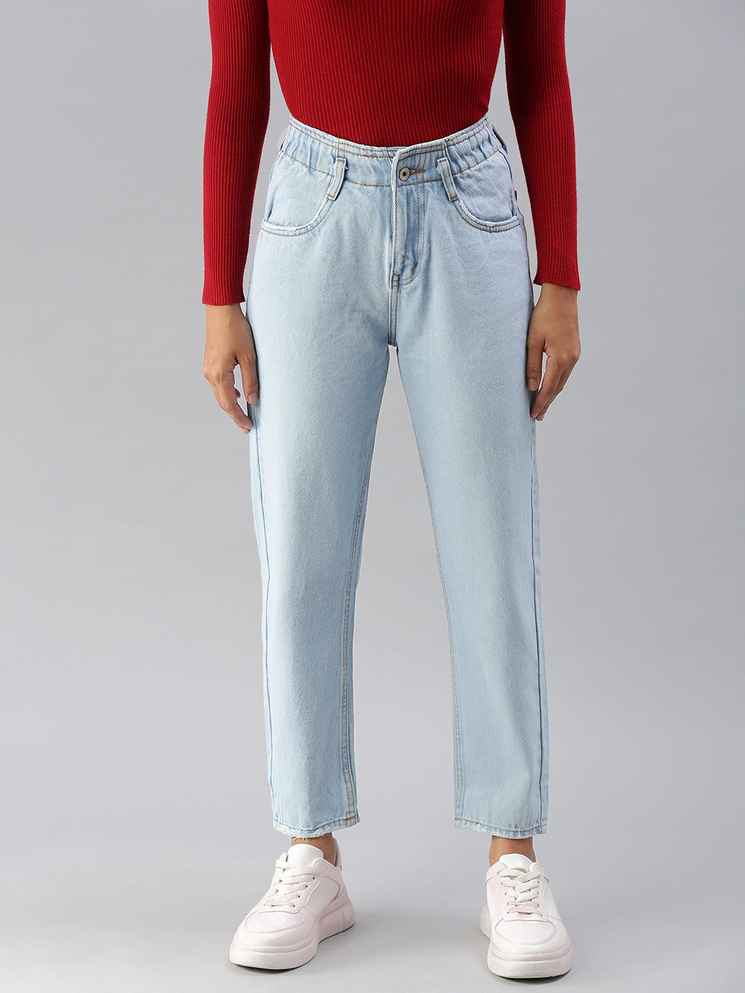 Women's Blue Solid Mom Fit Denim Jeans