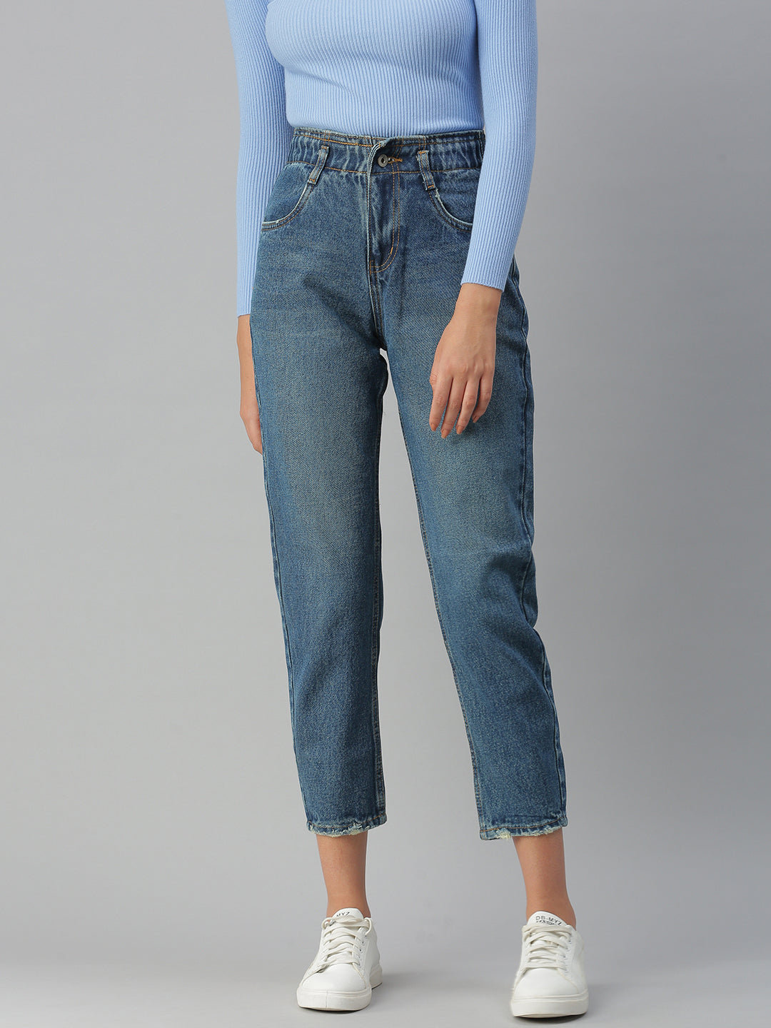 Women's Blue Solid Mom Fit Denim Jeans