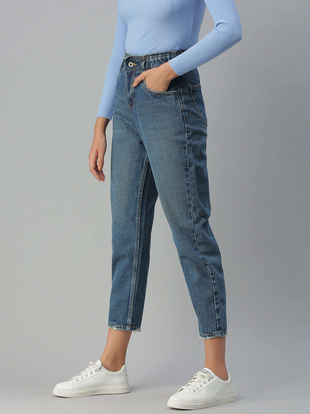 Women's Blue Solid Mom Fit Denim Jeans