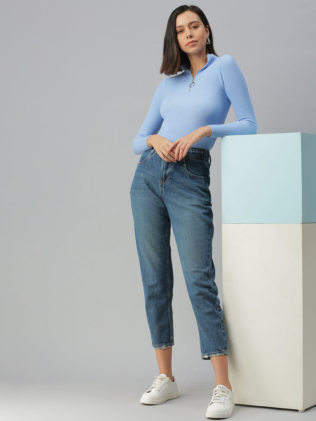 Women's Blue Solid Mom Fit Denim Jeans