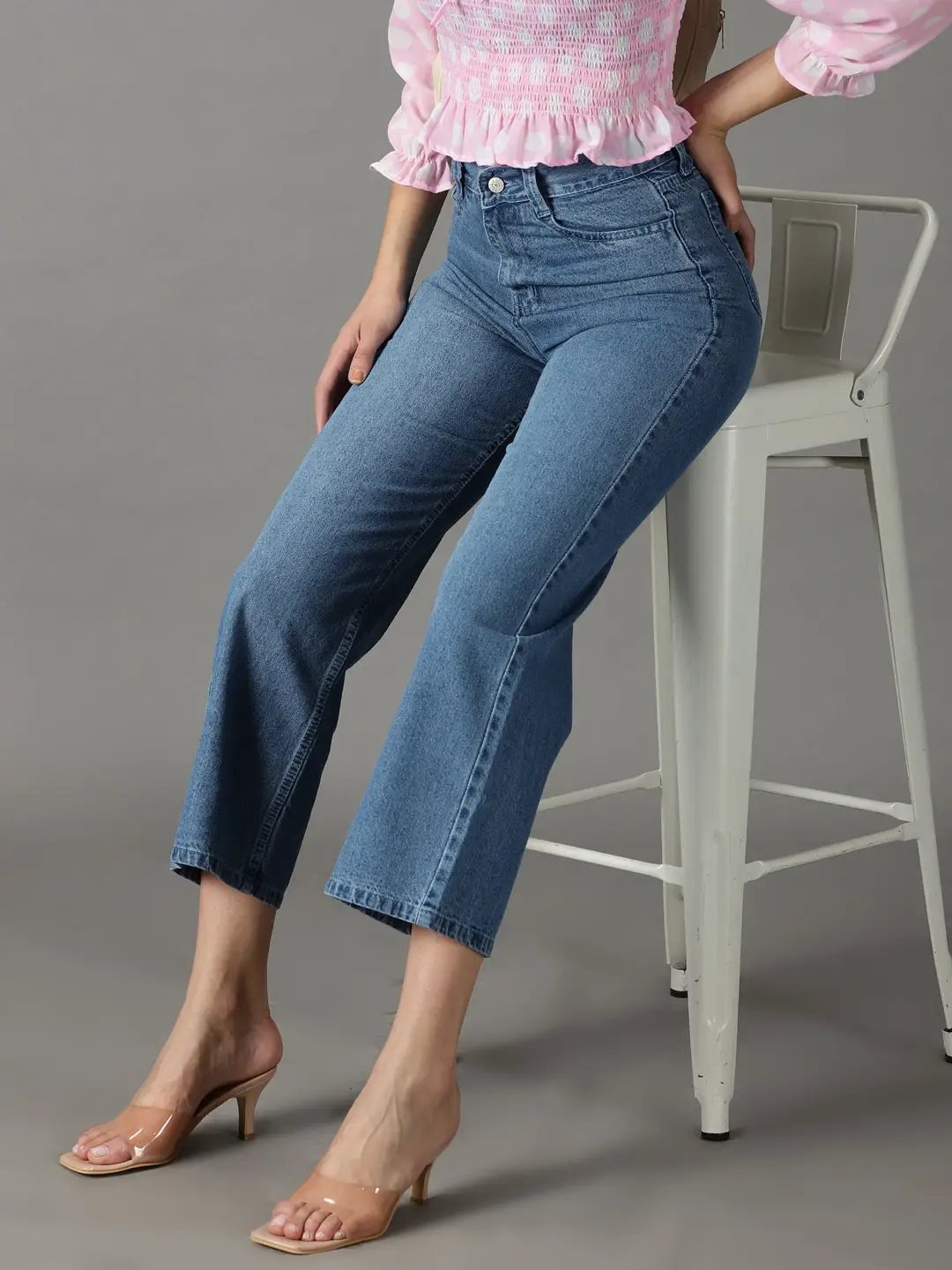 Women's Blue Wide Leg High-Rise Low Distress Light Fade Acid Wash Stretchable Jeans