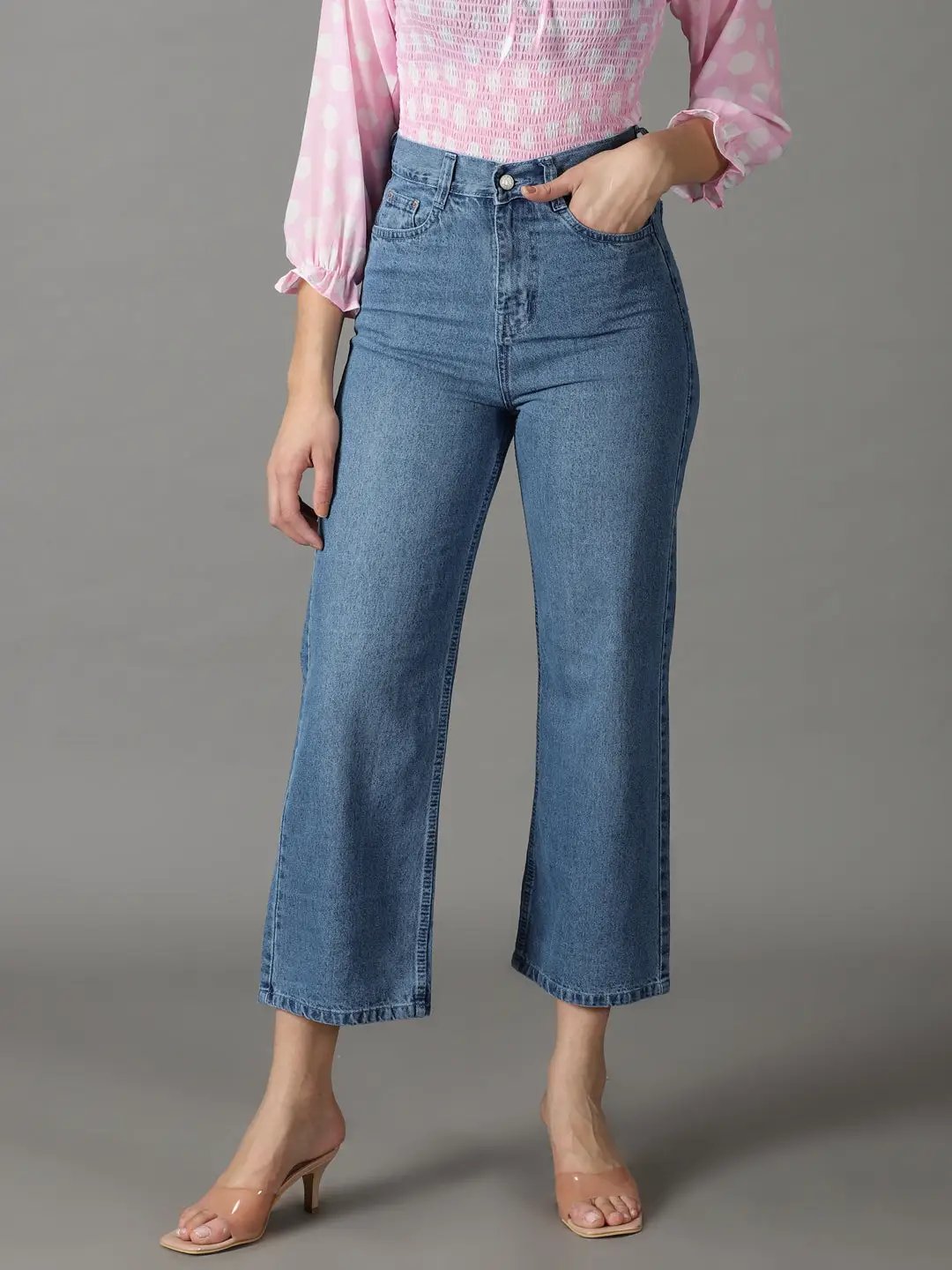 Women's Blue Wide Leg High-Rise Low Distress Light Fade Acid Wash Stretchable Jeans