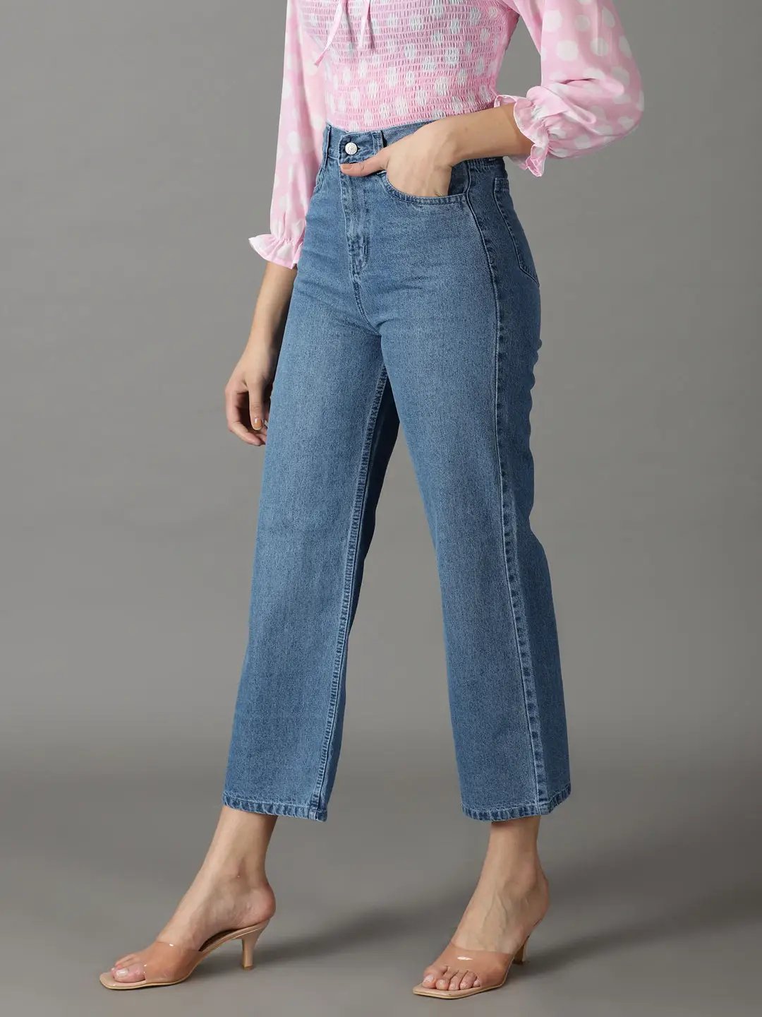 Women's Blue Wide Leg High-Rise Low Distress Light Fade Acid Wash Stretchable Jeans