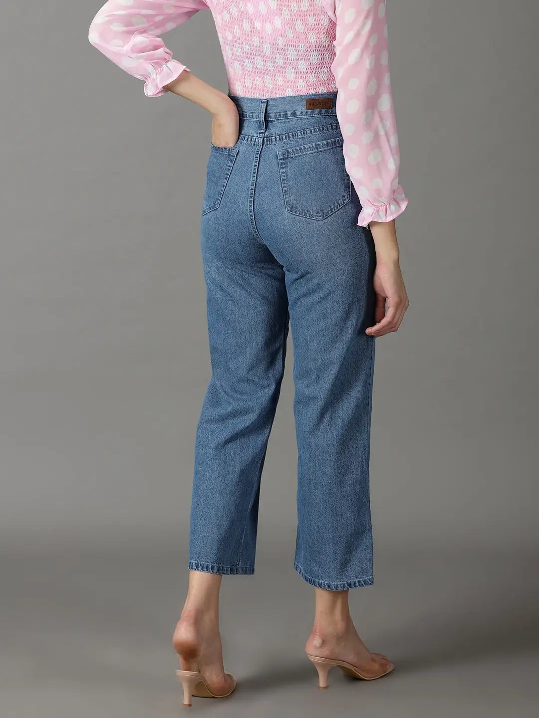 Women's Blue Wide Leg High-Rise Low Distress Light Fade Acid Wash Stretchable Jeans