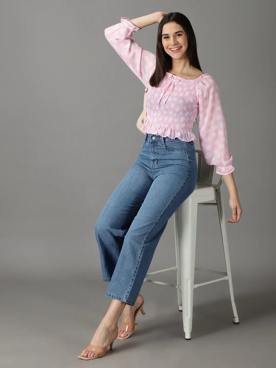 Women's Blue Wide Leg High-Rise Low Distress Light Fade Acid Wash Stretchable Jeans
