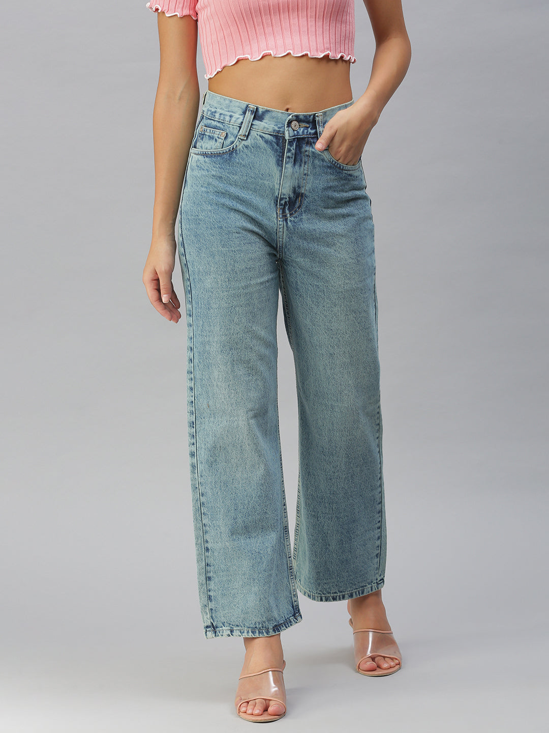 Women's Blue Solid Straight Fit Denim Jeans