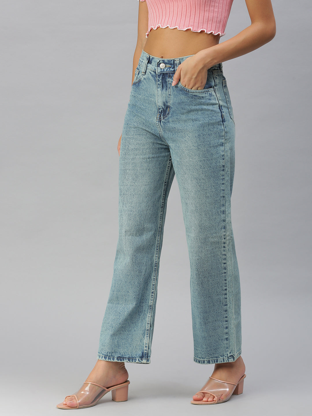 Women's Blue Solid Straight Fit Denim Jeans