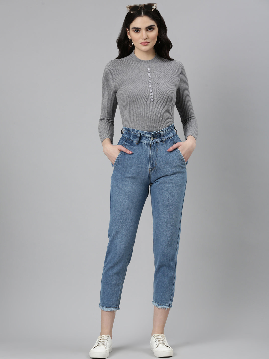 Women Blue Solid Regular Fit Denim Jeans