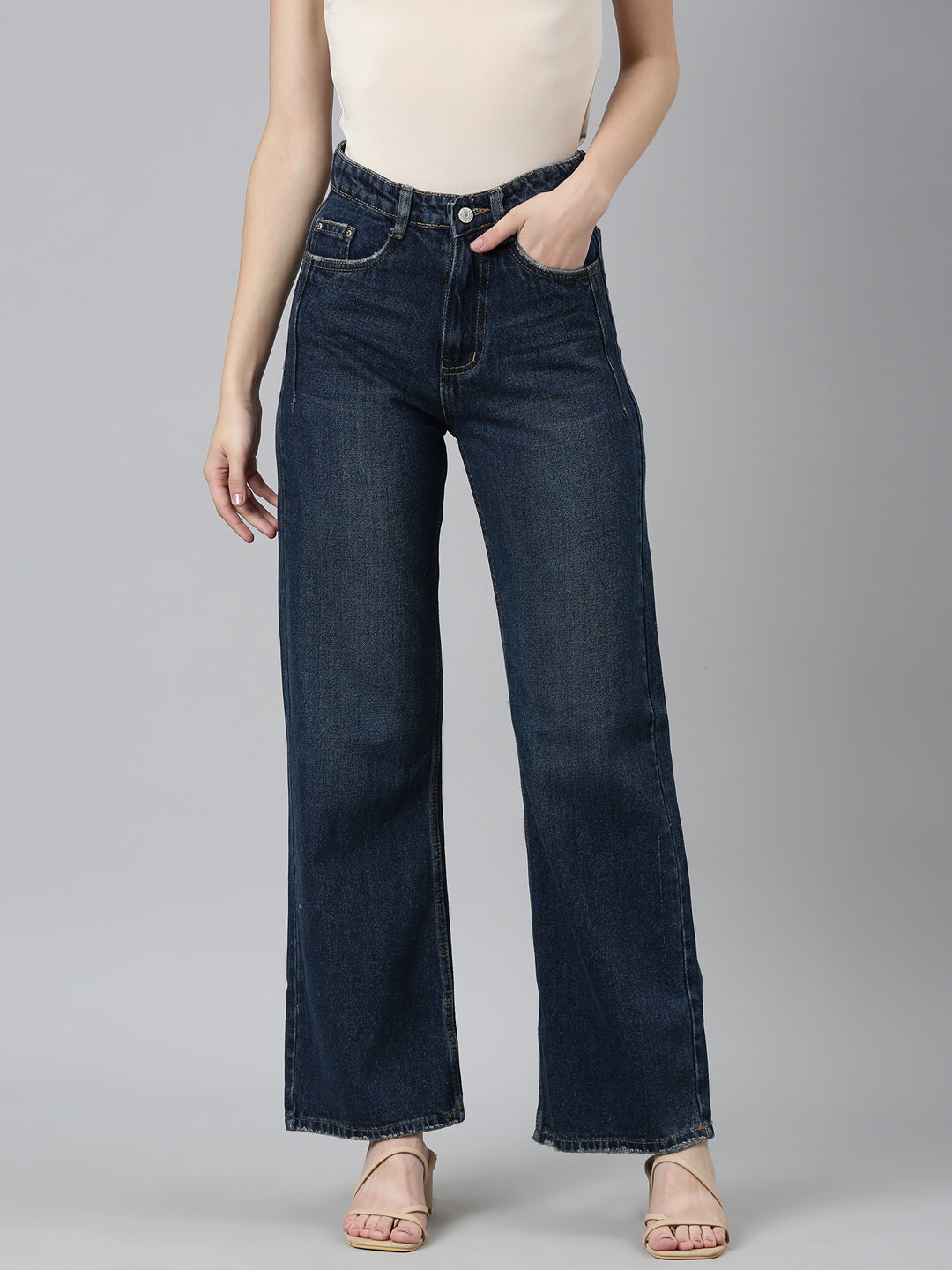 Women Navy Blue Solid Wide Leg Denim Jeans