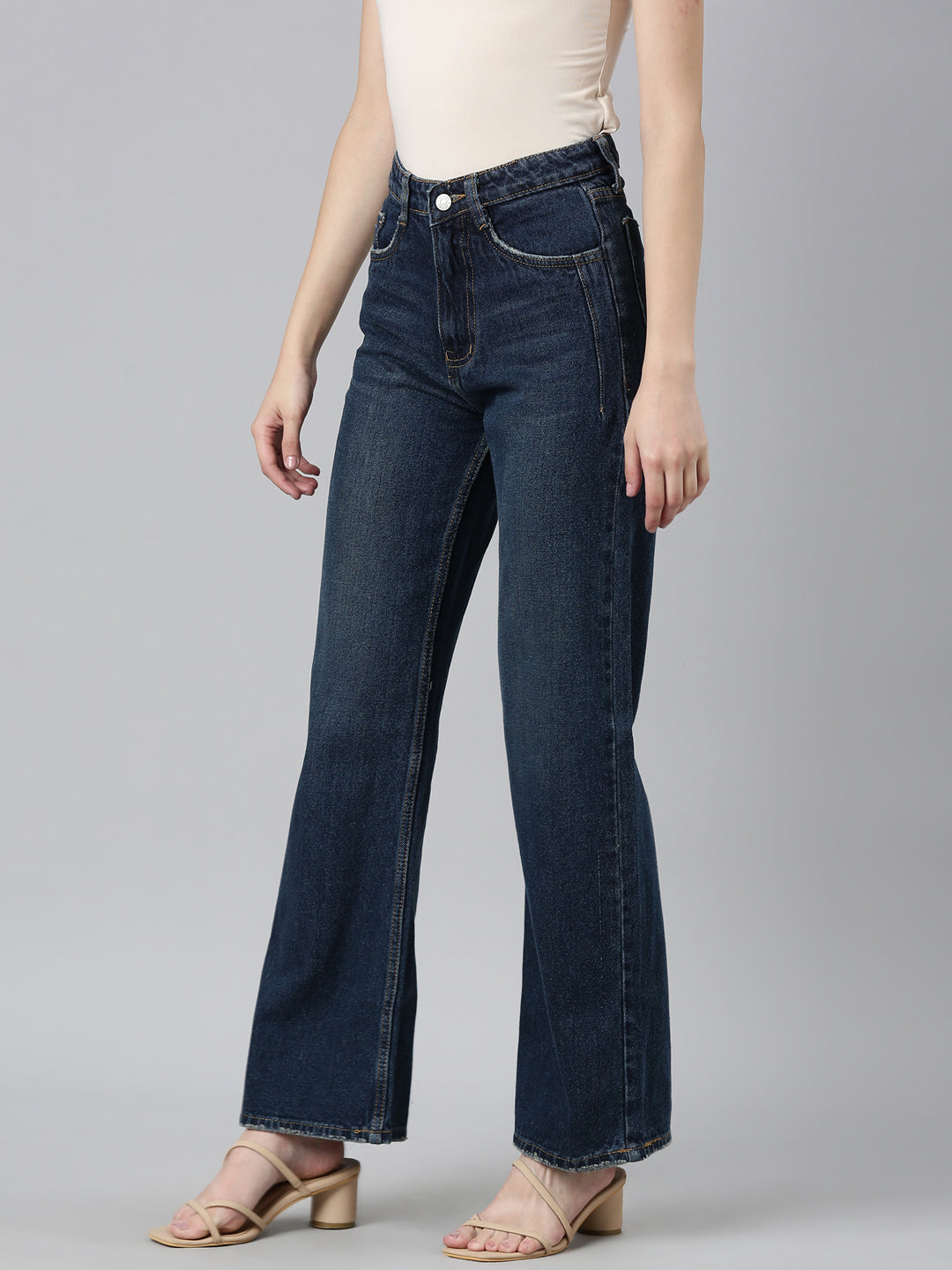 Women Navy Blue Solid Wide Leg Denim Jeans