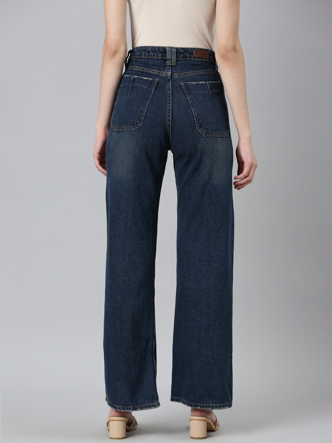 Women Navy Blue Solid Wide Leg Denim Jeans