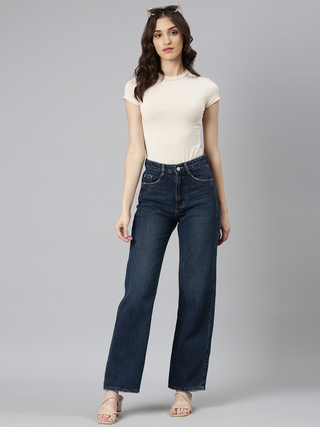 Women Navy Blue Solid Wide Leg Denim Jeans