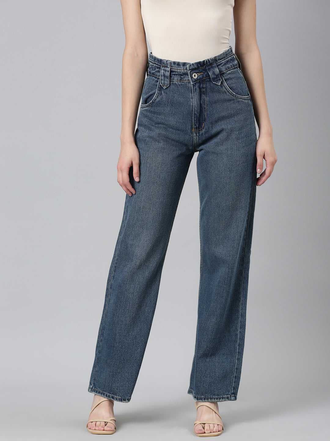 Women Blue Solid Wide Leg Denim Jeans