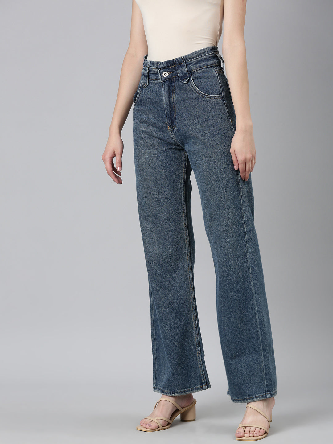 Women Blue Solid Wide Leg Denim Jeans