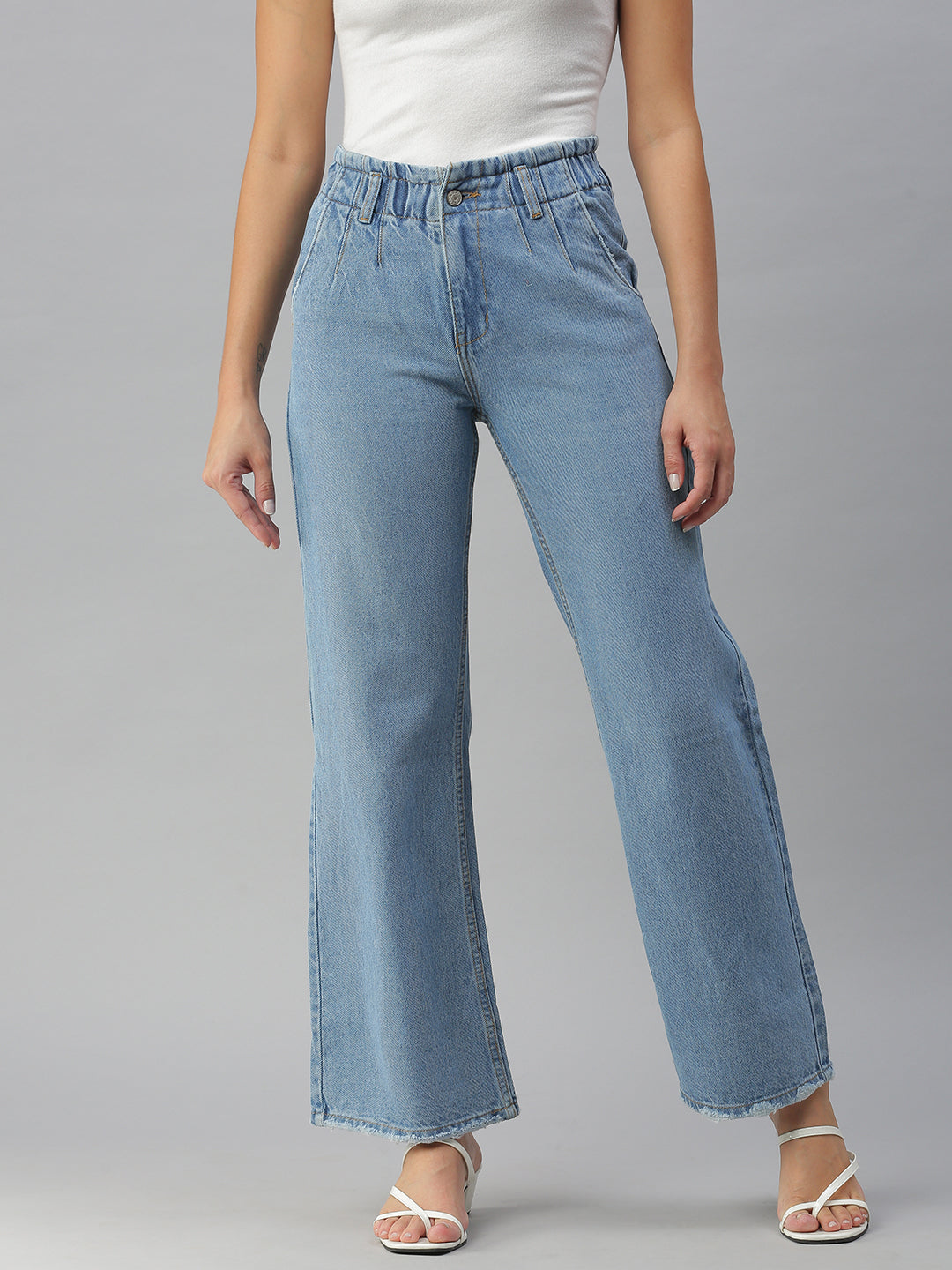 Women's Blue Solid Wide Leg Denim Jeans