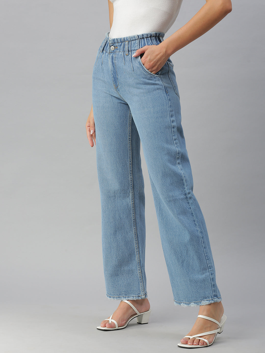 Women's Blue Solid Wide Leg Denim Jeans