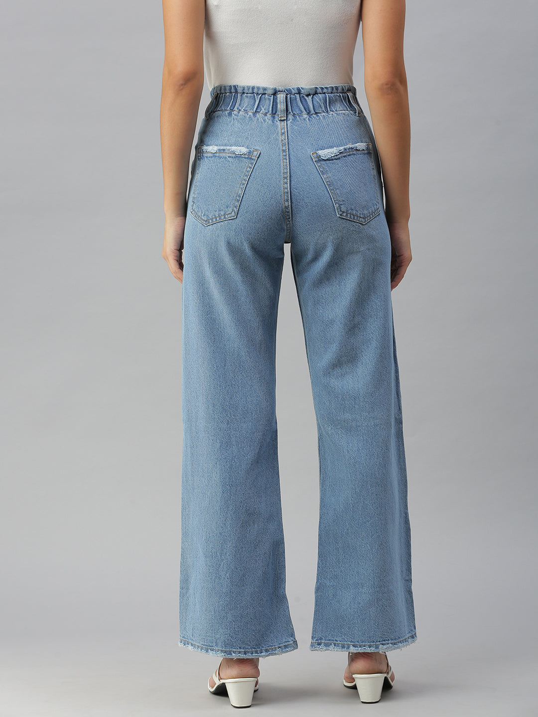 Women's Blue Solid Wide Leg Denim Jeans