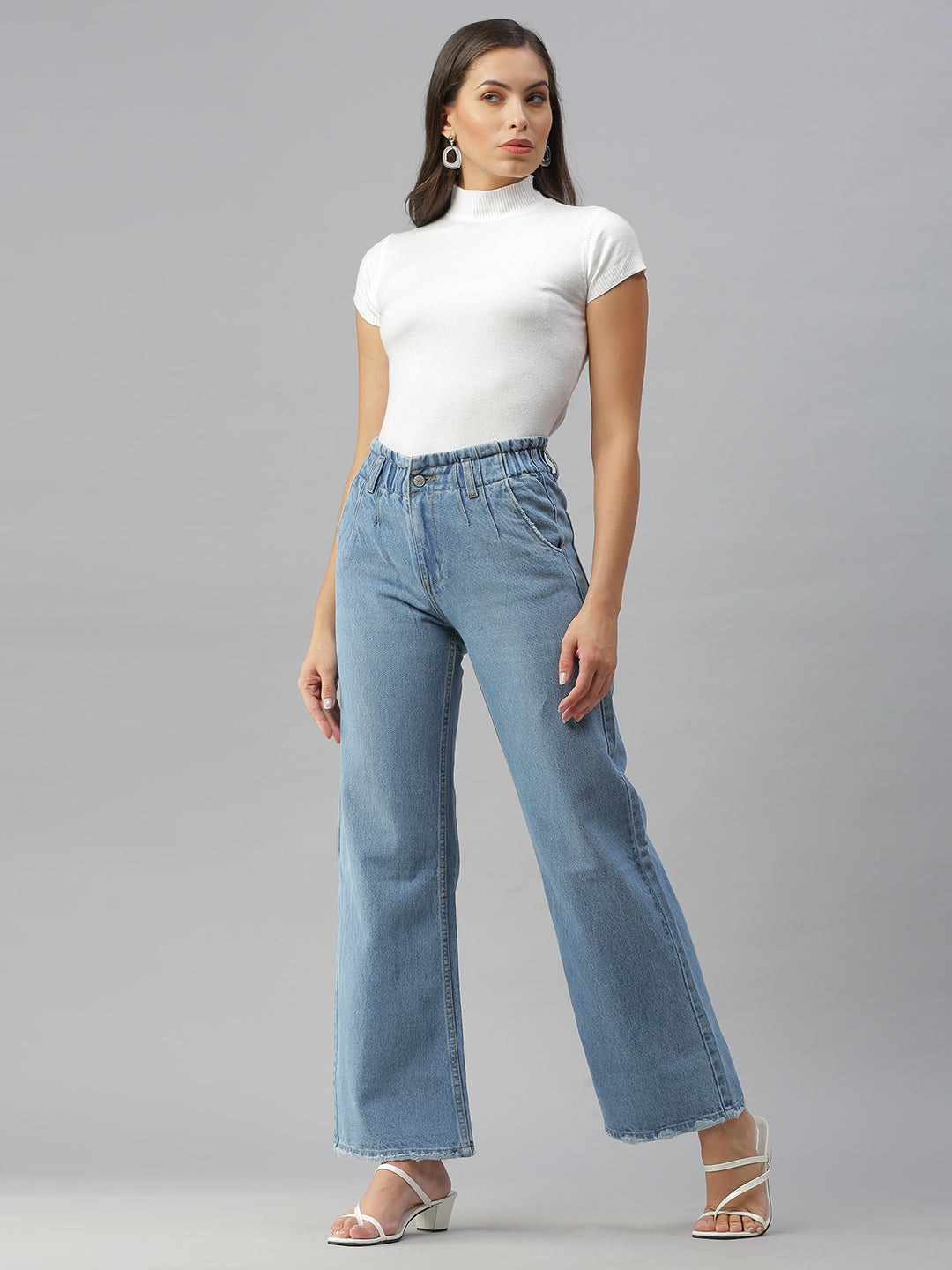 Women's Blue Solid Wide Leg Denim Jeans