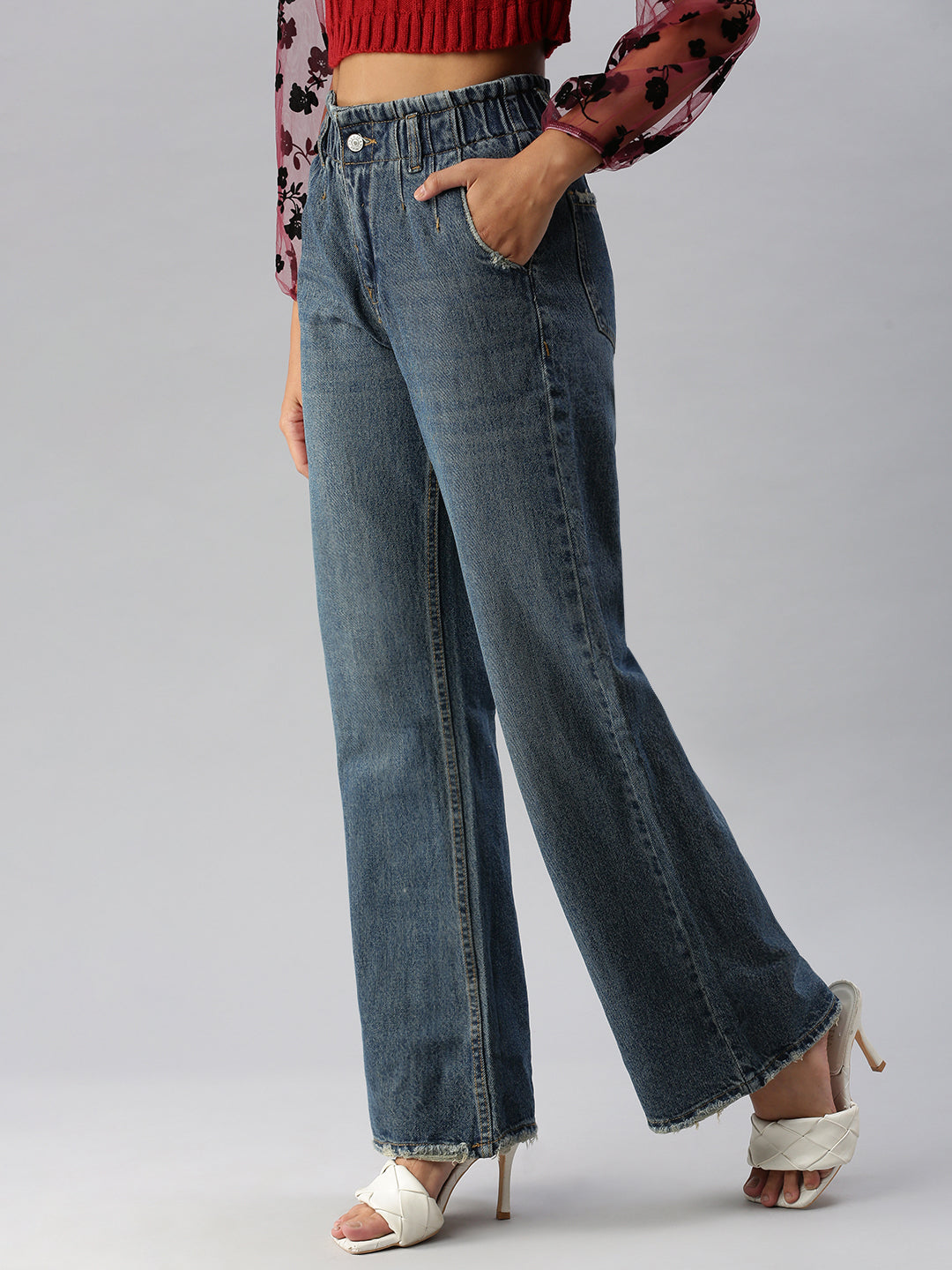 Women's Blue Solid Wide Leg Denim Jeans