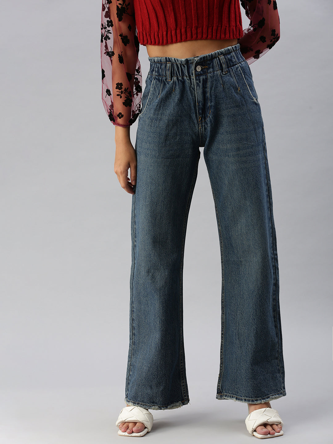 Women's Blue Solid Wide Leg Denim Jeans