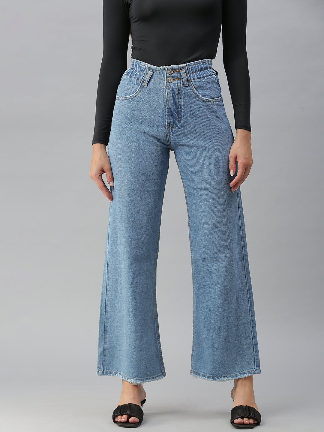 Women's Blue Solid Wide Leg Denim Jeans