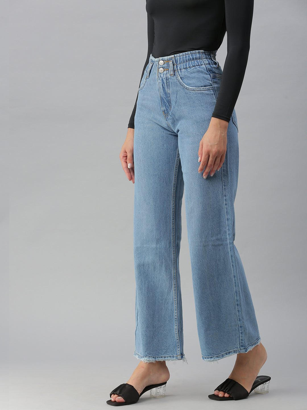 Women's Blue Solid Wide Leg Denim Jeans