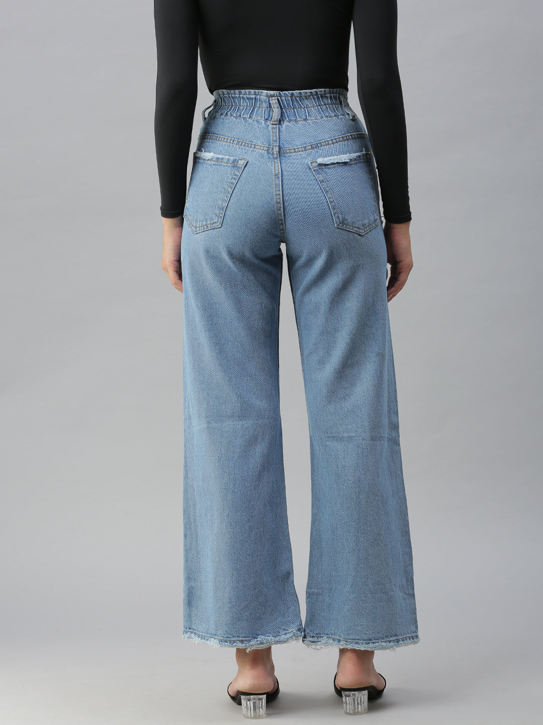 Women's Blue Solid Wide Leg Denim Jeans