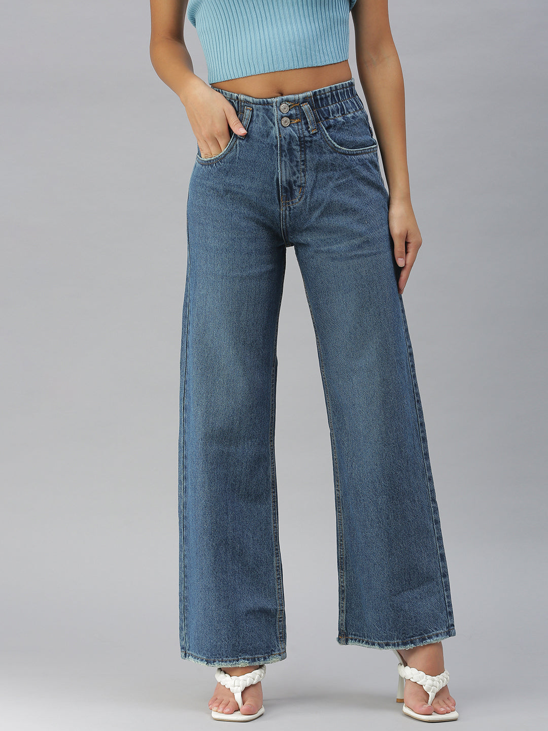 Women's Blue Solid Wide Leg Denim Jeans