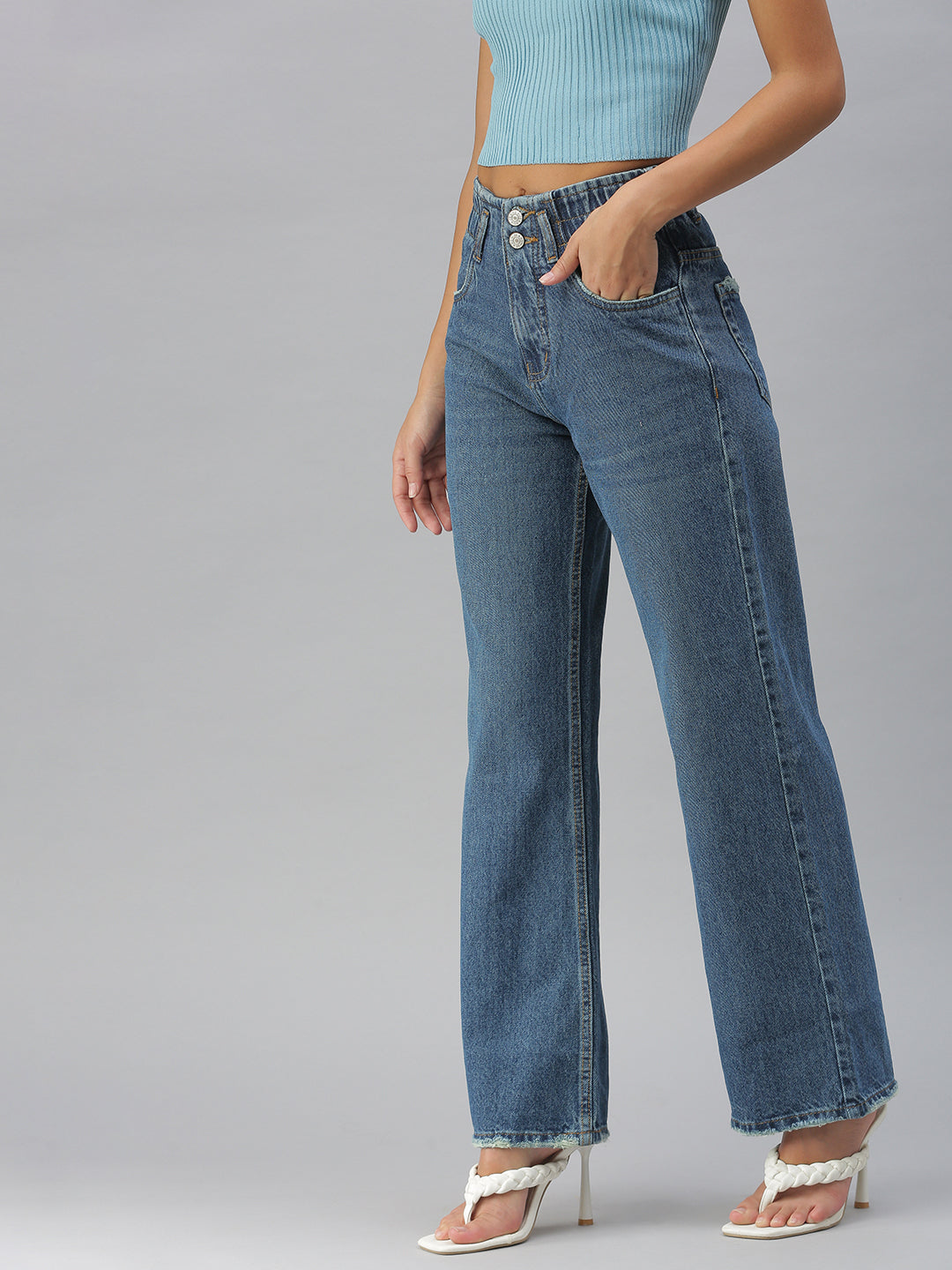 Women's Blue Solid Wide Leg Denim Jeans