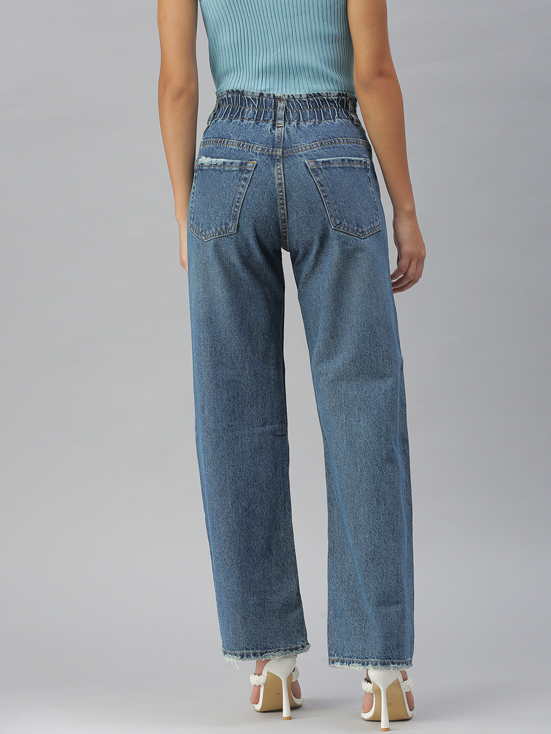 Women's Blue Solid Wide Leg Denim Jeans