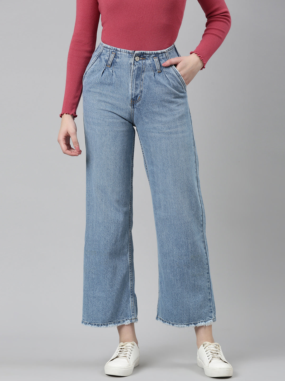 Women Blue Solid Wide Leg Denim Jeans