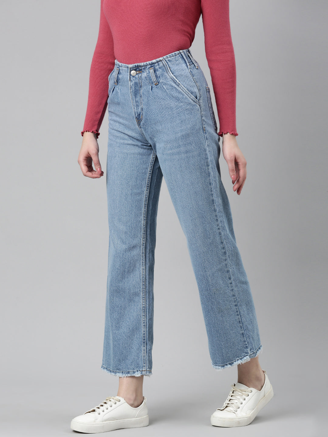 Women Blue Solid Wide Leg Denim Jeans