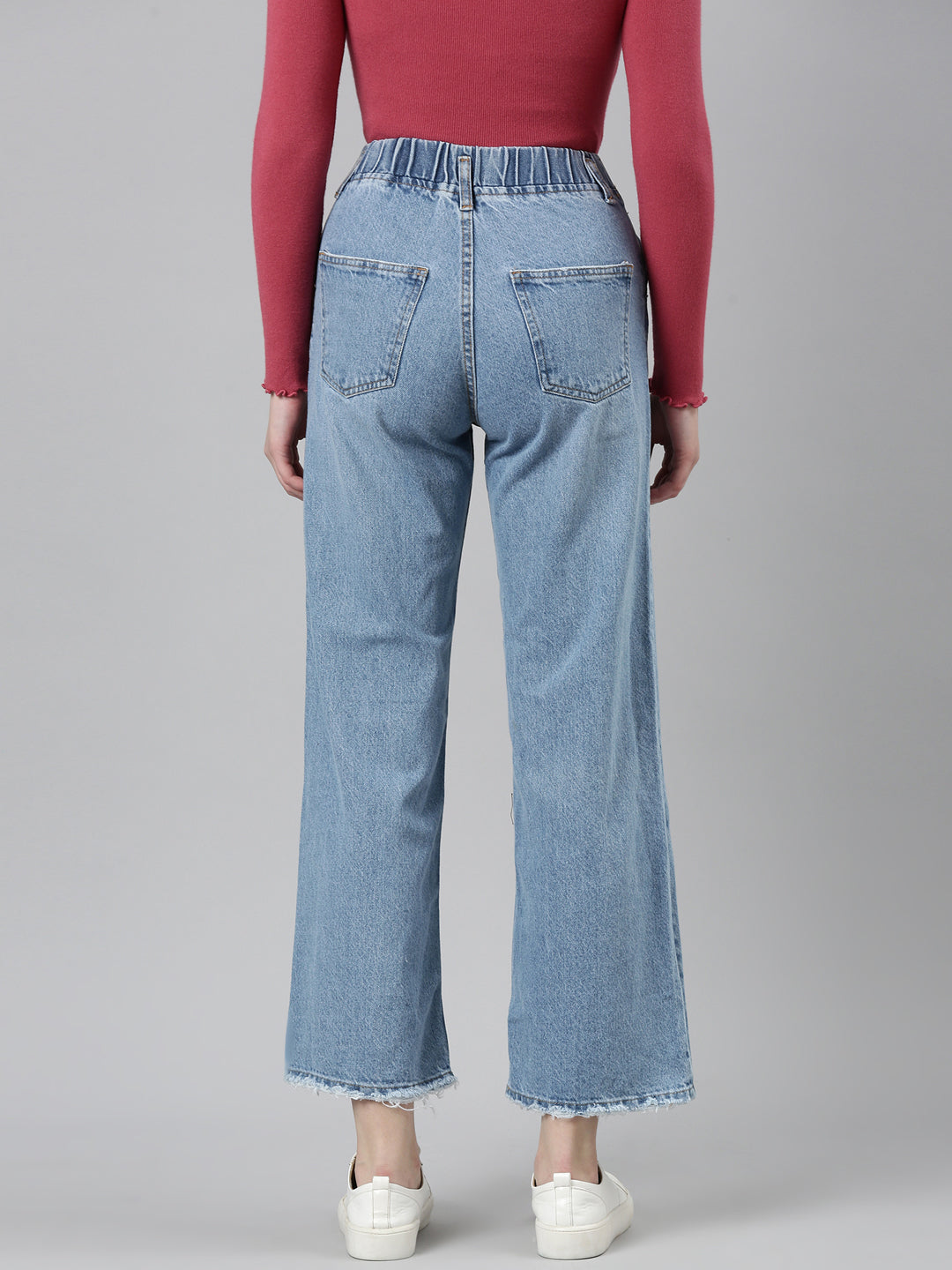 Women Blue Solid Wide Leg Denim Jeans