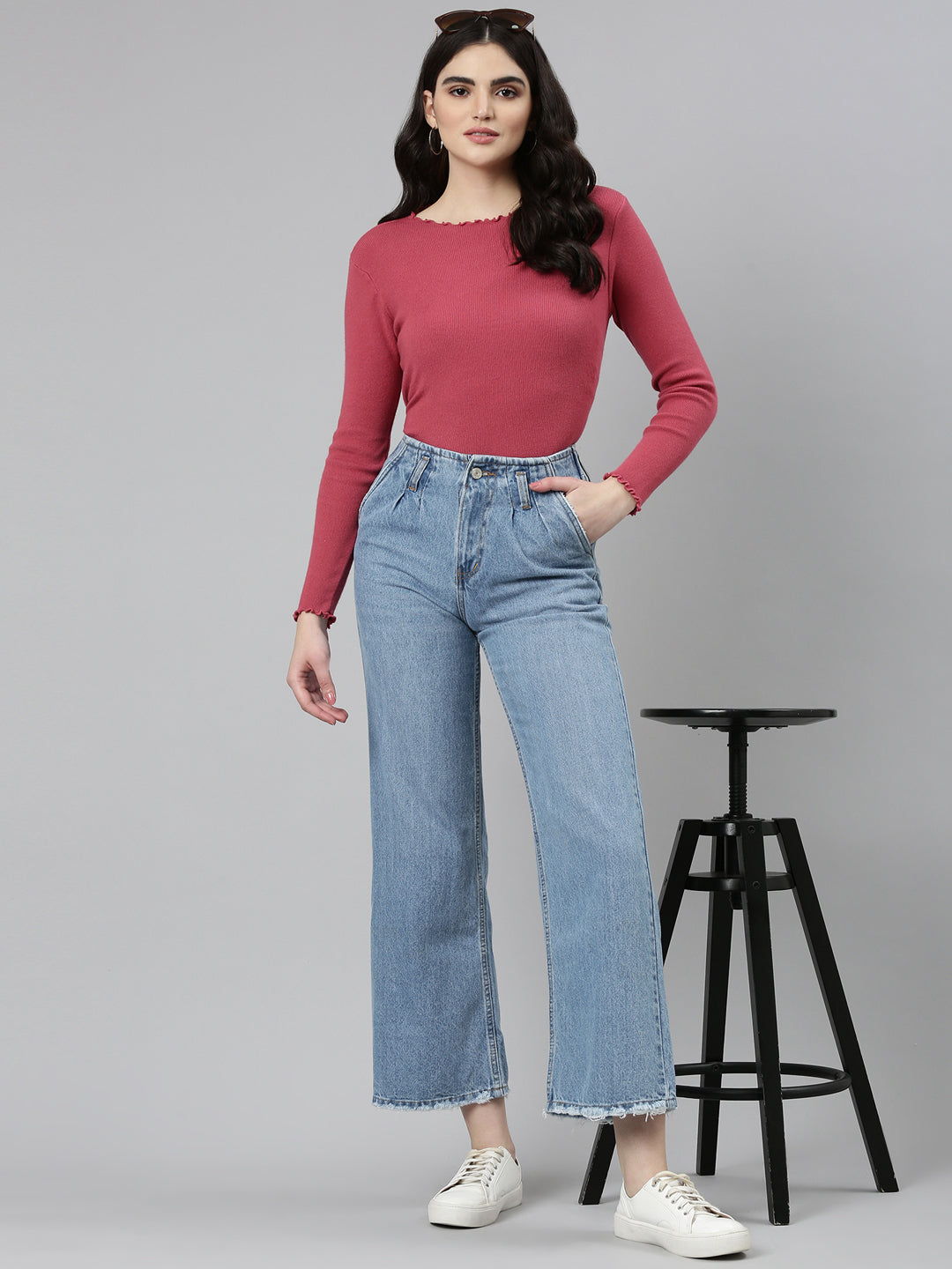 Women Blue Solid Wide Leg Denim Jeans