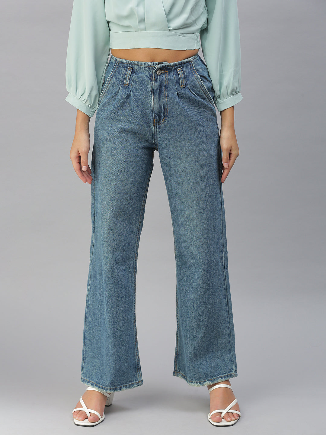 Women's Blue Solid Wide Leg Denim Jeans